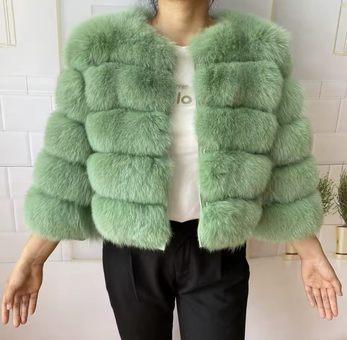 LIGHT GREEN FOX FUR COAT