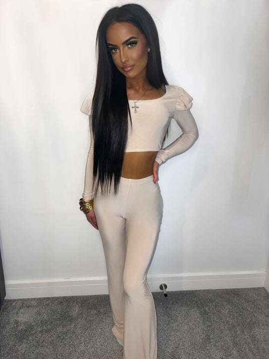 BEIGE FRILL SHOULDER LOUNGEWEAR SET⚜️🤍